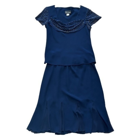 S.L. FASHIONS WOMENS NAVY BLUE SEQUINED ACCENTED 2-PC BLOUSE & SKIRT DRESS, 14 - Picture 1 of 9